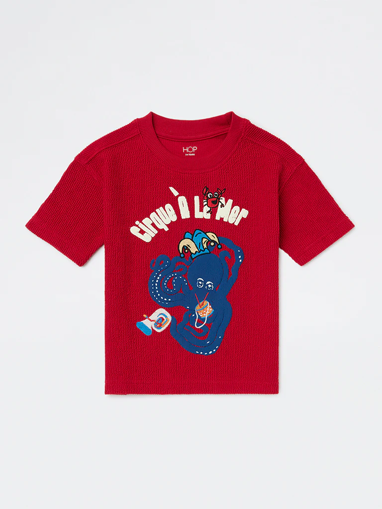 HOP Kids Boys Red Graphic Design Cotton T-Shirt - Image 4