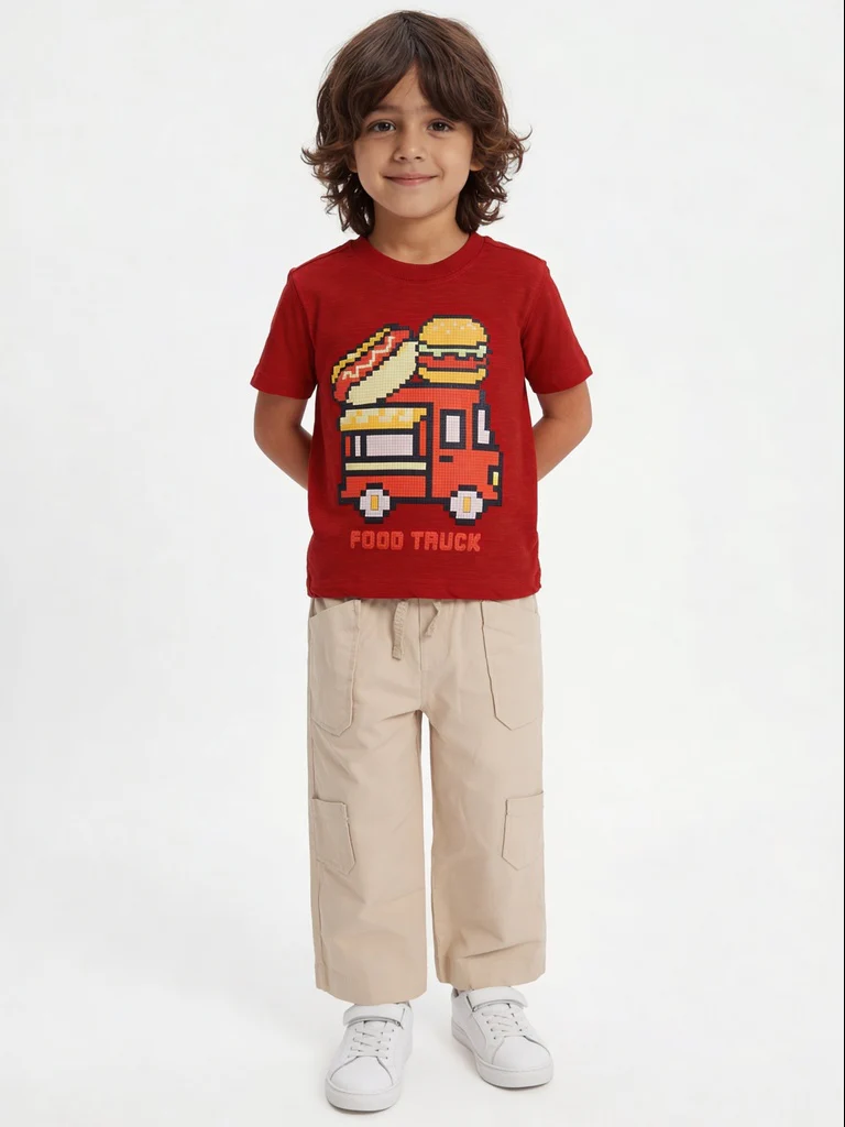 HOP Kids Boys Red Graphic Design Cotton T-Shirt
