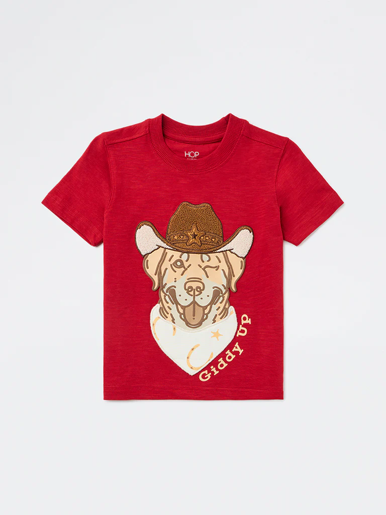 HOP Kids Boys Red Printed Cotton T-Shirt - Image 3