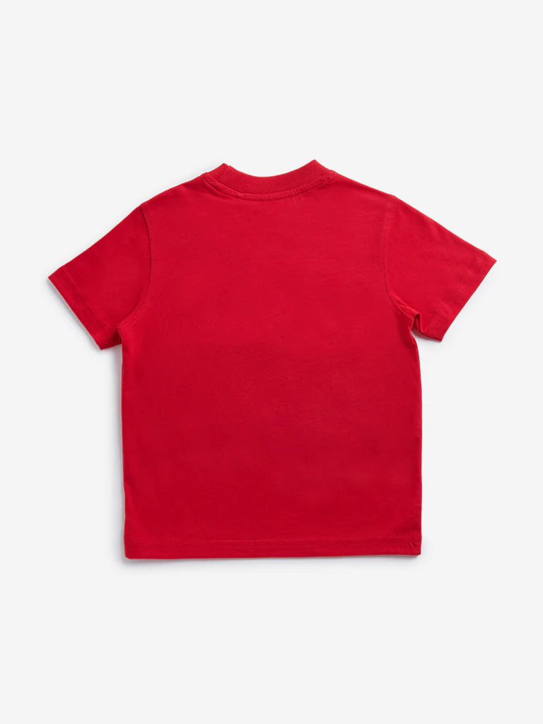 HOP Kids Boys Red Printed Embroidered Cotton T-Shirt - Image 2