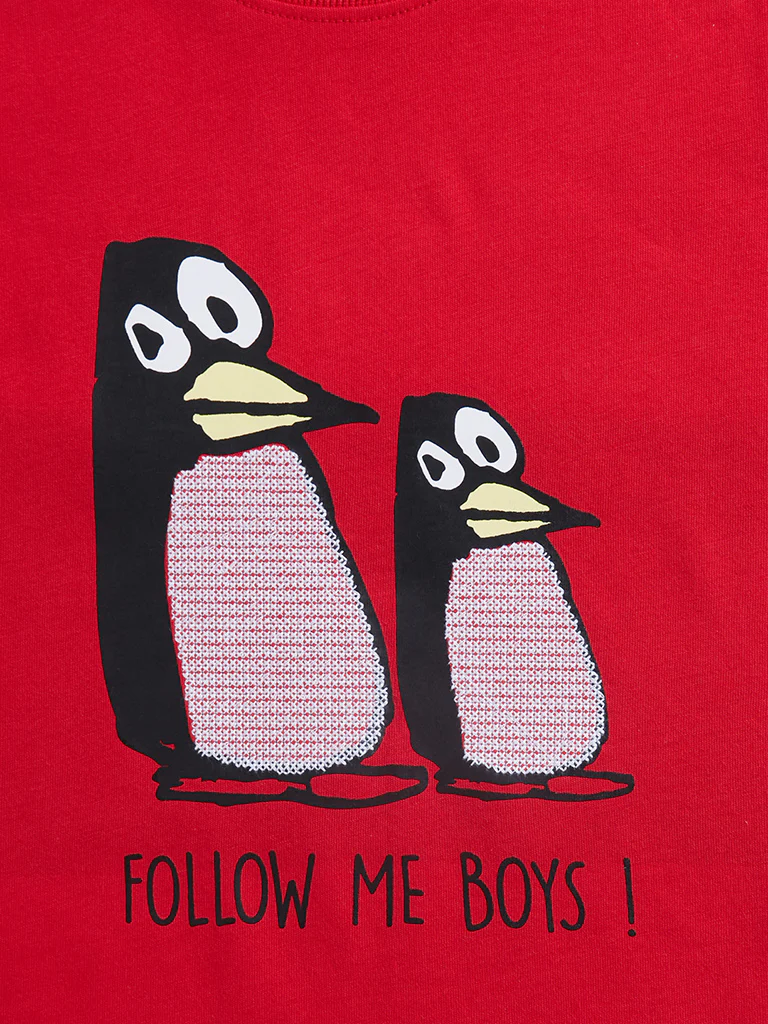 HOP Kids Boys Red Printed Embroidered Cotton T-Shirt - Image 3