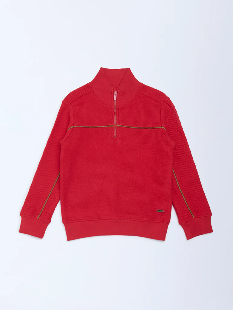 HOP Kids Boys Red Quarter-Zip Cotton Sweatshirt - Image 4