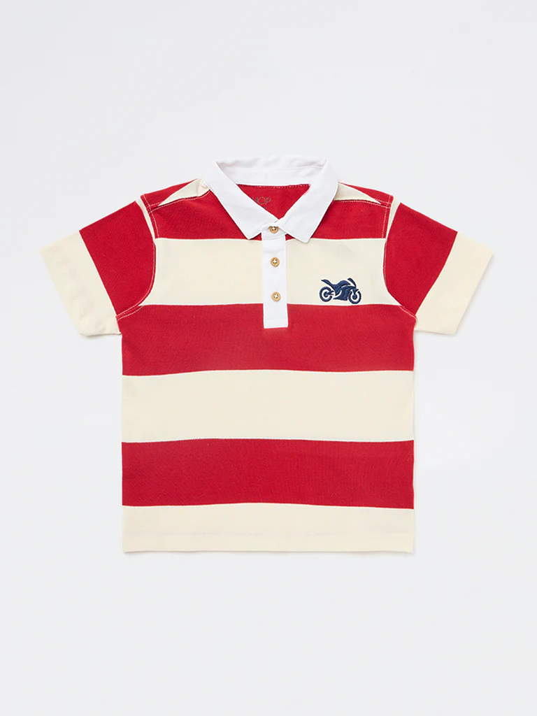 HOP Kids Boys Red Striped Cotton Polo T-Shirt - Image 4