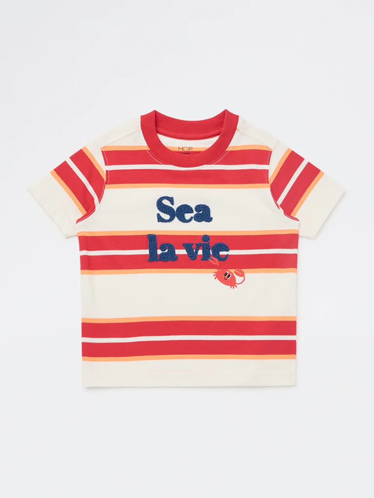 HOP Kids Boys Red Striped Cotton T-Shirt - Image 4