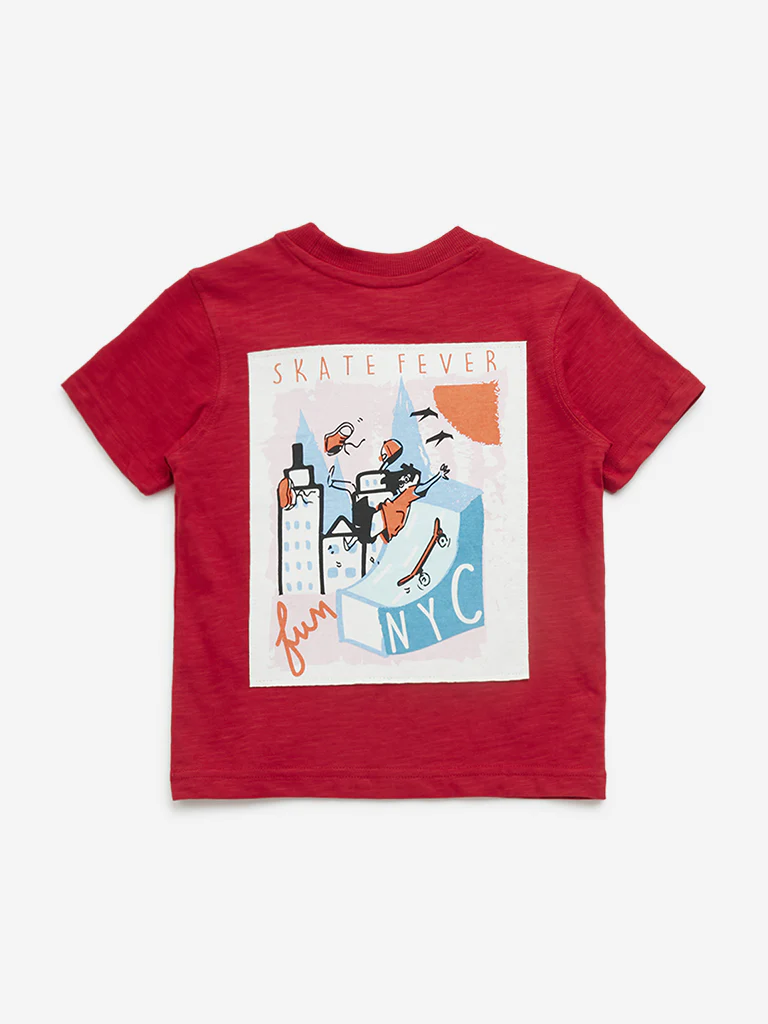 HOP Kids Boys Red Text Printed Cotton T-Shirt - Image 2
