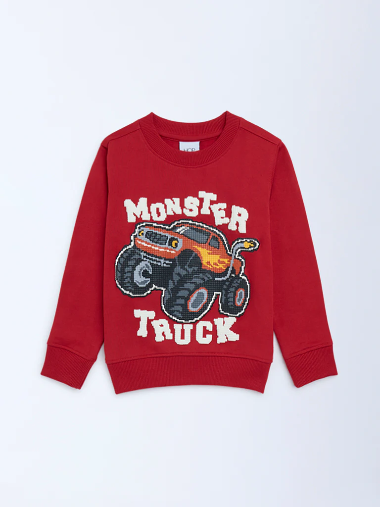 HOP Kids Boys Red Truck Printed Cotton-Blend Sweatshirt - Image 4
