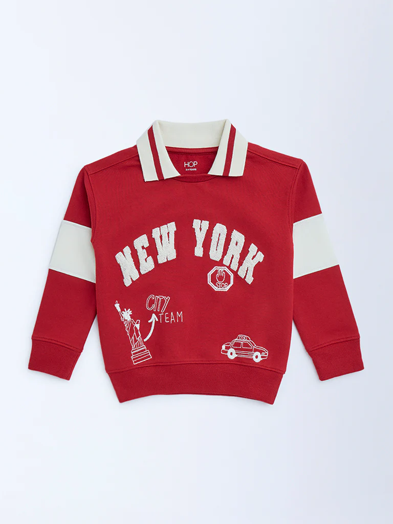 HOP Kids Boys Red Typographic Cotton Sweatshirt - Image 5