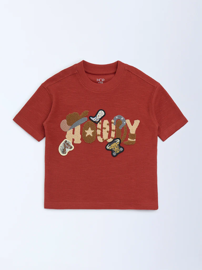 HOP Kids Boys Rust Embroidered Cotton T-Shirt - Image 3
