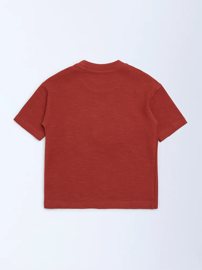 HOP Kids Boys Rust Embroidered Cotton T-Shirt - Image 4