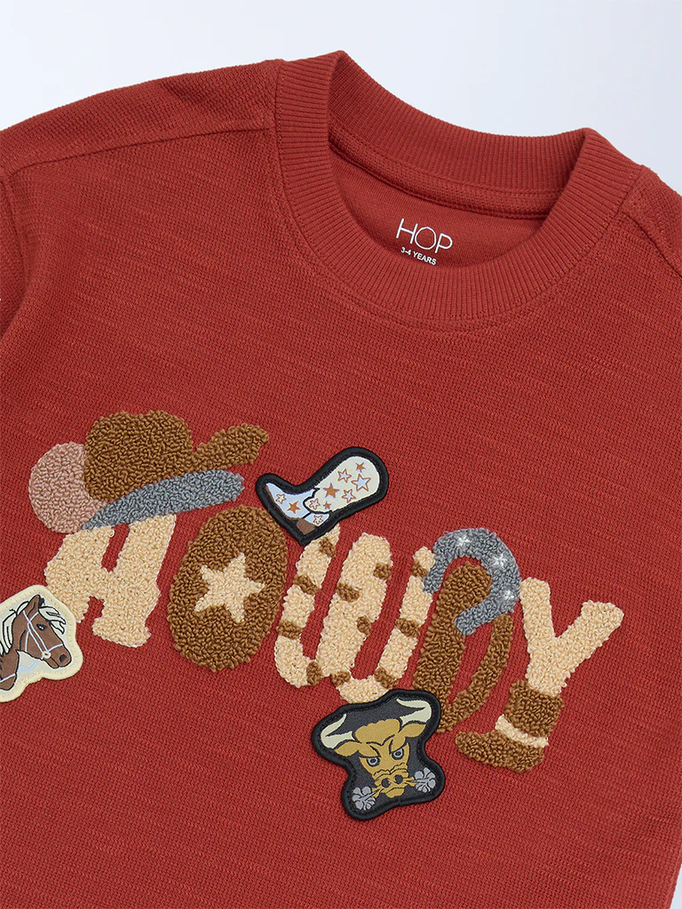 HOP Kids Boys Rust Embroidered Cotton T-Shirt - Image 5
