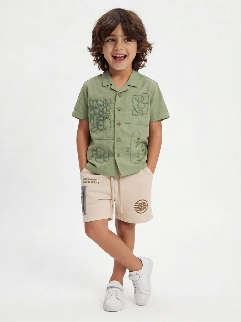 HOP Kids Boys Sage Embroidered Cotton Shirt