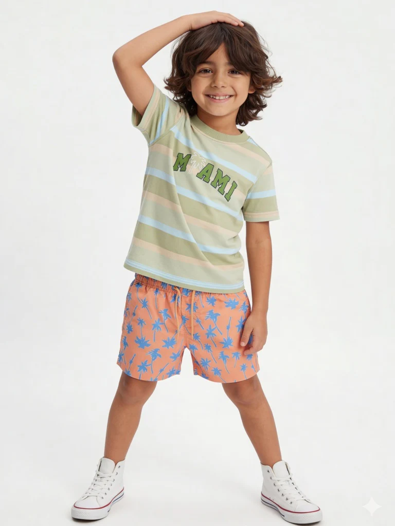HOP Kids Boys Sage Green Striped Cotton T-Shirt