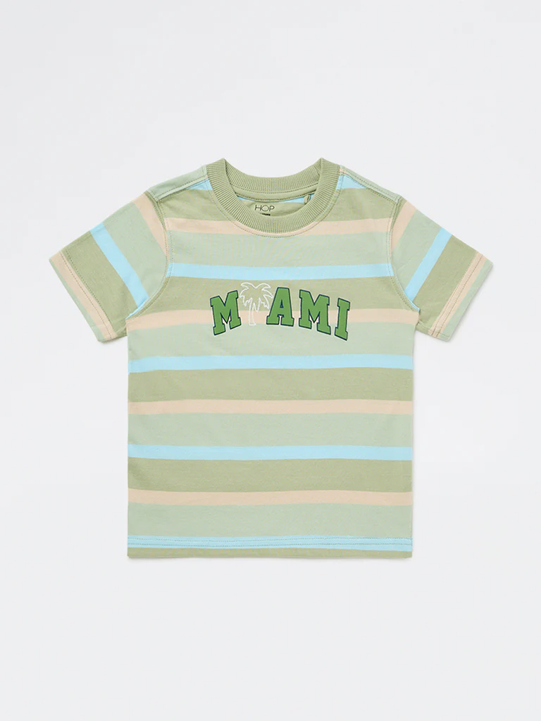 HOP Kids Boys Sage Green Striped Cotton T-Shirt - Image 4