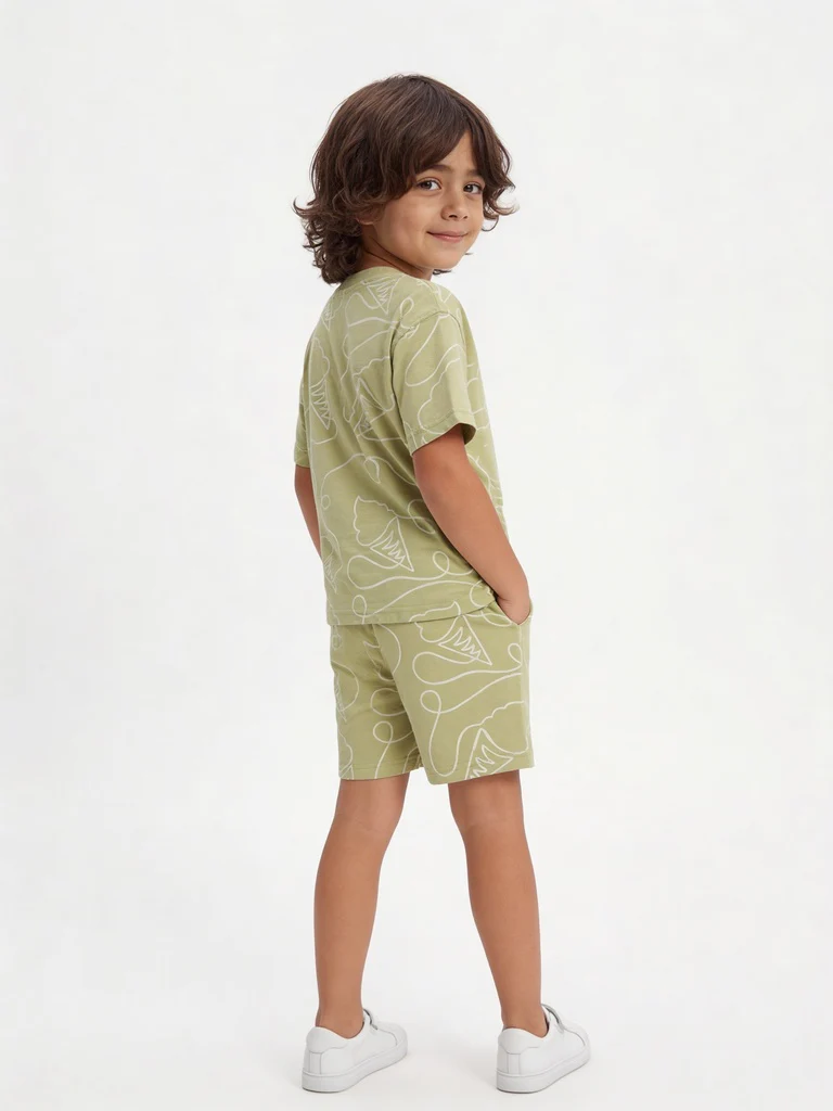 HOP Kids Boys Sage Printed Cotton T-Shirt and Shorts Set - Image 2