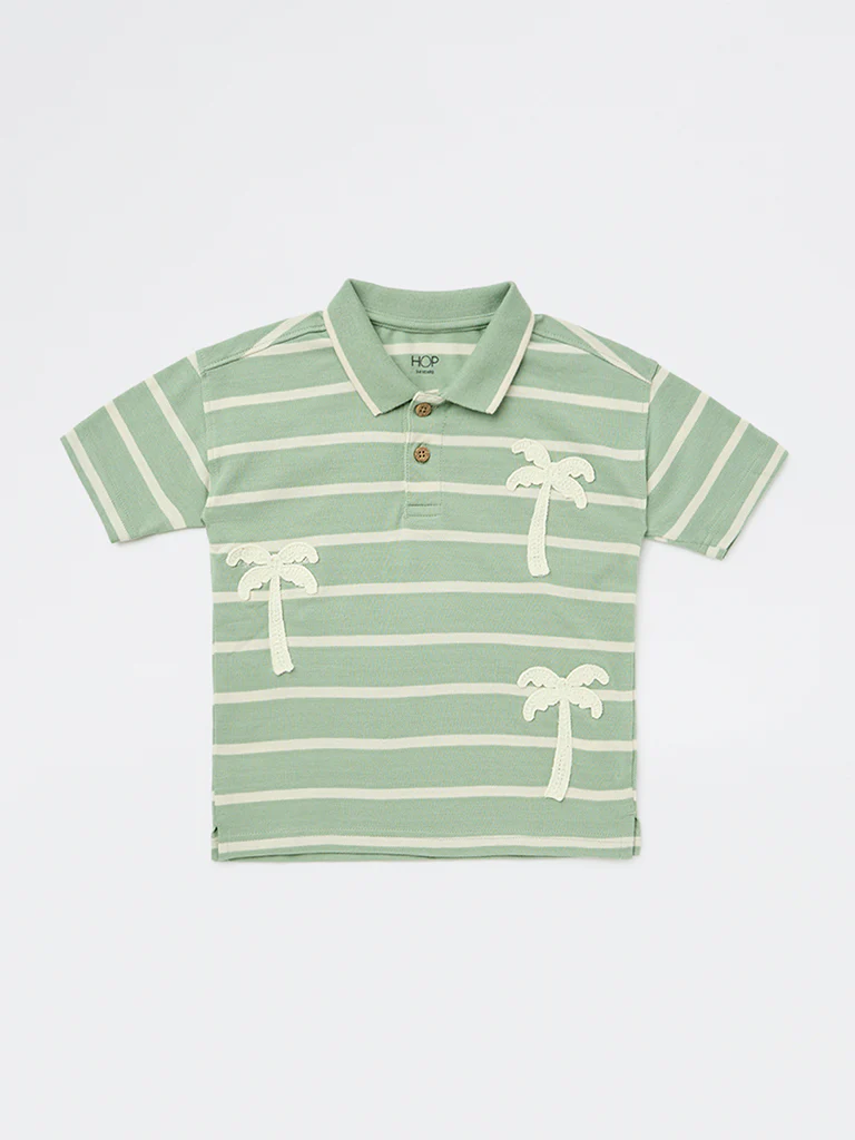 HOP Kids Boys Sage Stripe Printed Cotton Polo T-Shirt - Image 4