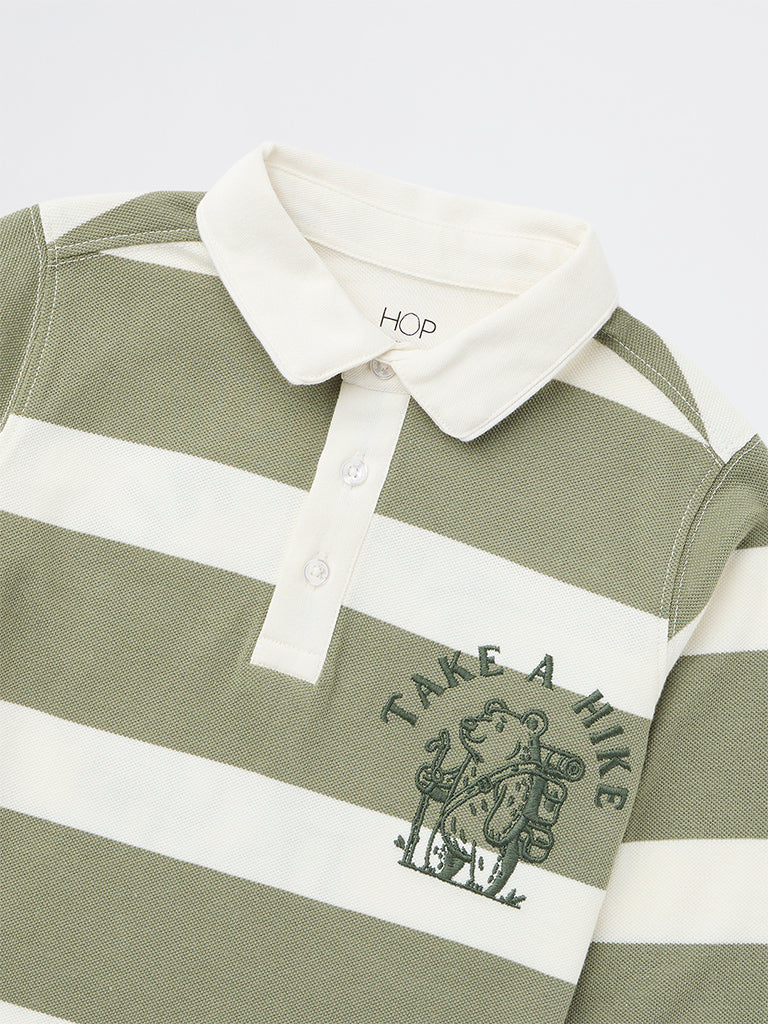 HOP Kids Boys Sage Striped Cotton Polo T-Shirt - Image 6