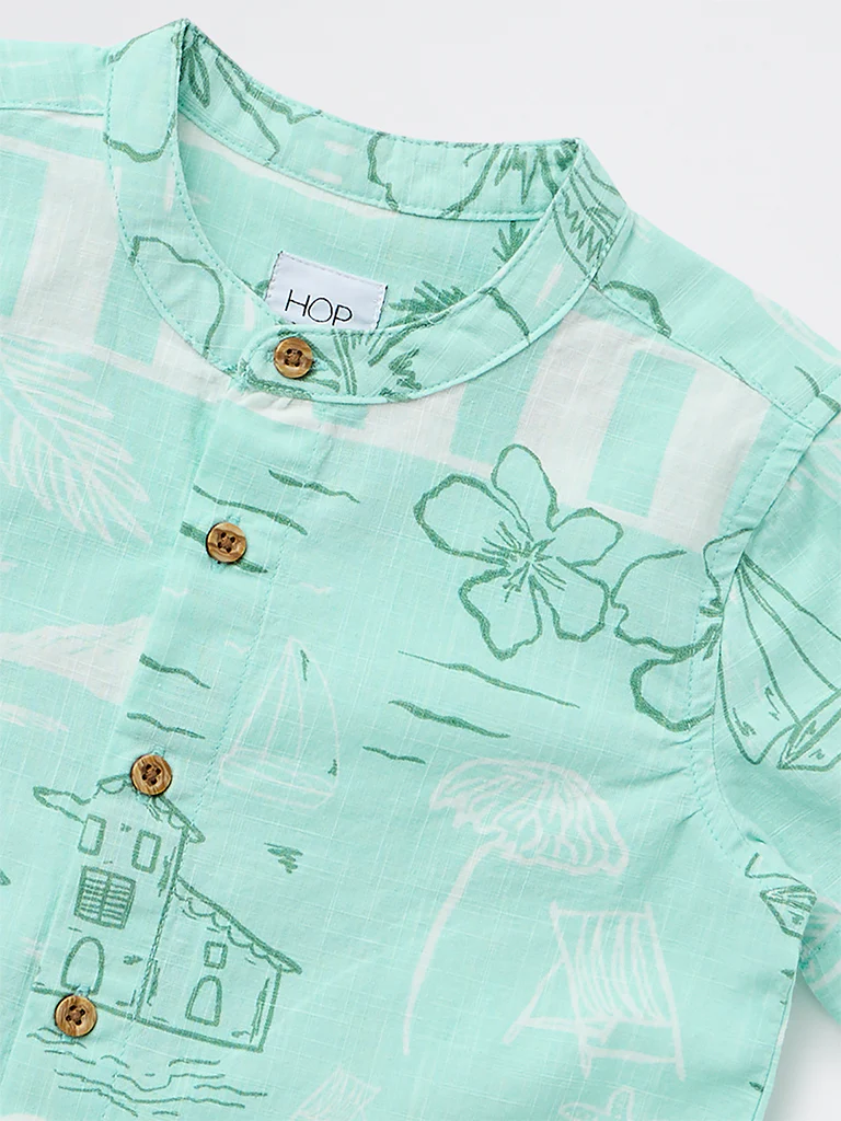 HOP Kids Boys Sea Green Printed Cotton Shirt - Image 5