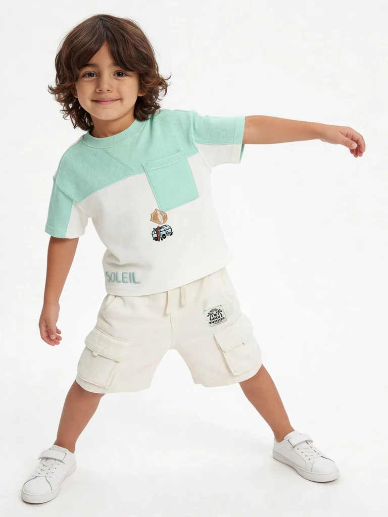 HOP Kids Boys Sea Green Printed Cotton T-Shirt