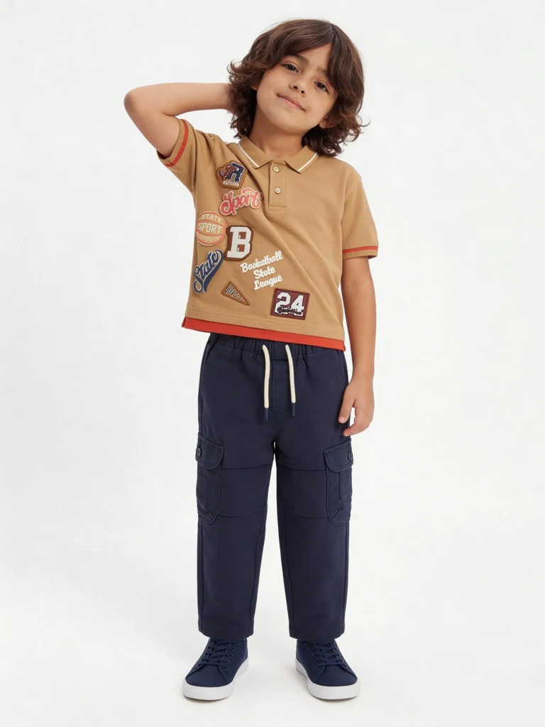 HOP Kids Boys Tan Basketball-Themed Cotton Polo T-Shirt