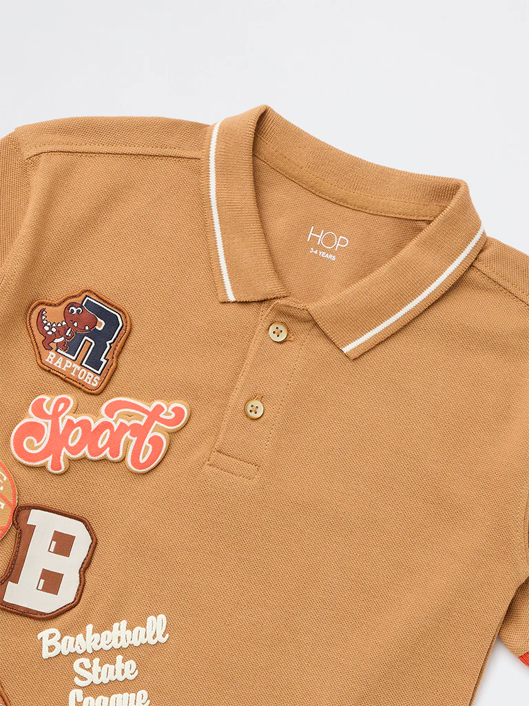 HOP Kids Boys Tan Basketball-Themed Cotton Polo T-Shirt - Image 5