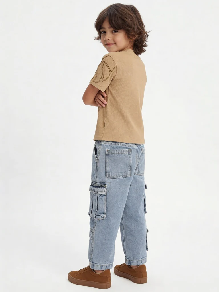 HOP Kids Boys Tan Embroidered Cotton-Blend T-Shirt - Image 3