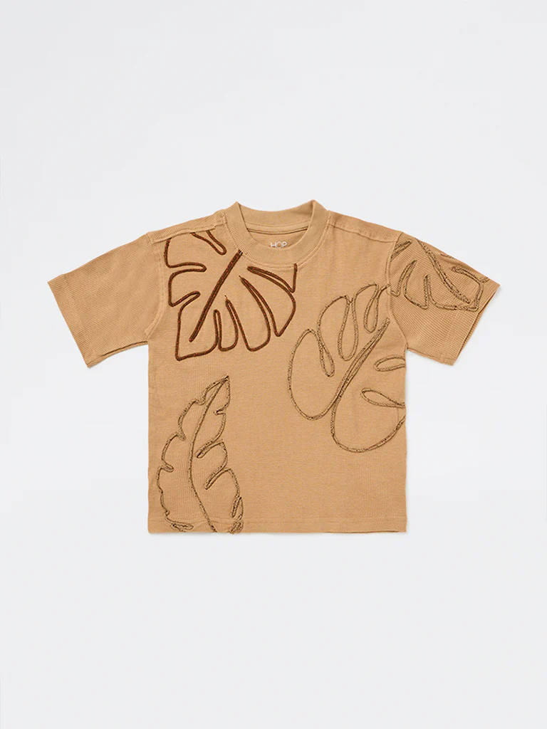 HOP Kids Boys Tan Embroidered Cotton-Blend T-Shirt - Image 4