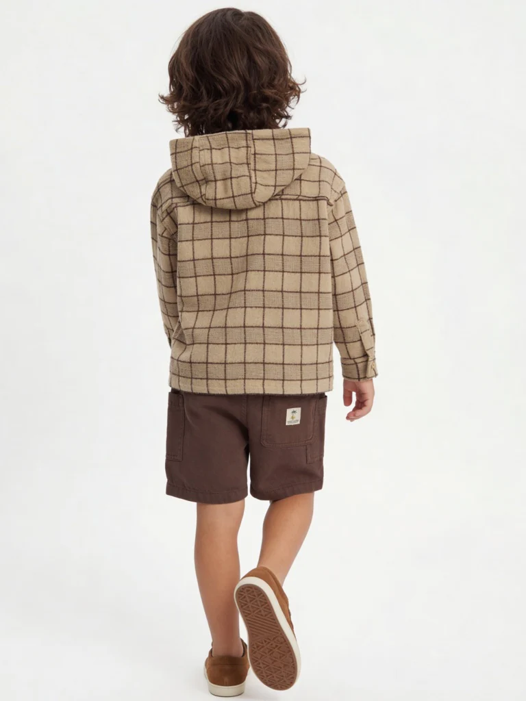 HOP Kids Boys Taupe Checkered Hooded Cotton Shirt - Image 2