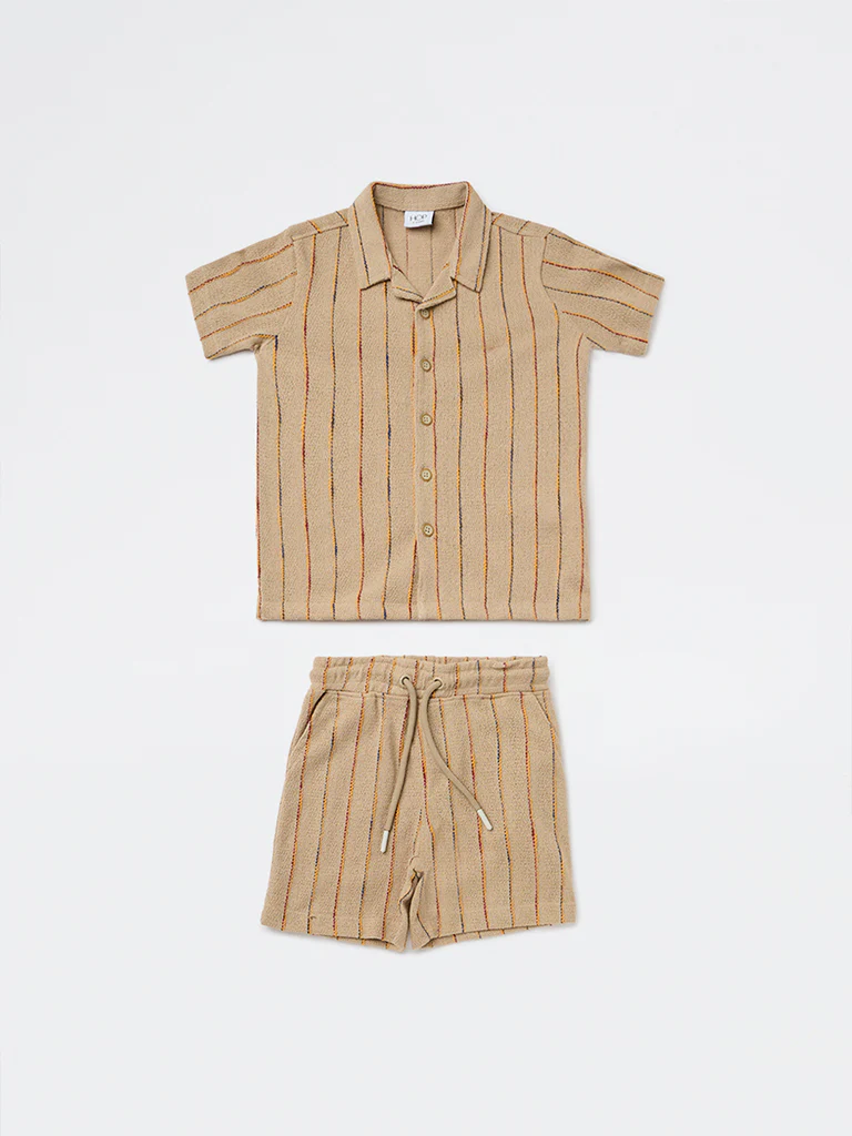 HOP Kids Boys Taupe Cotton-Blend Shirt and Shorts Set - Image 3