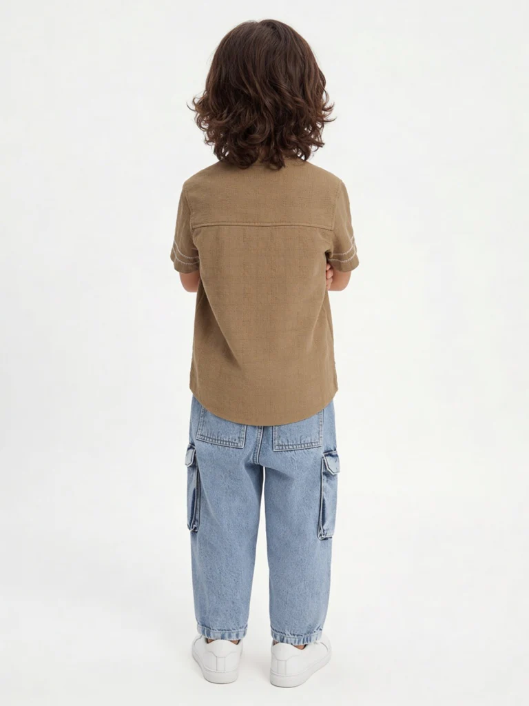 HOP Kids Boys Taupe Floral Embroidered Cotton Shirt - Image 2