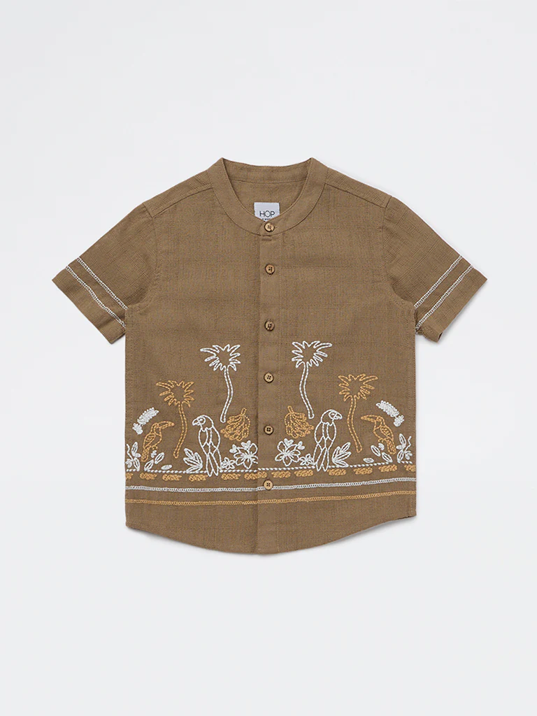 HOP Kids Boys Taupe Floral Embroidered Cotton Shirt - Image 3