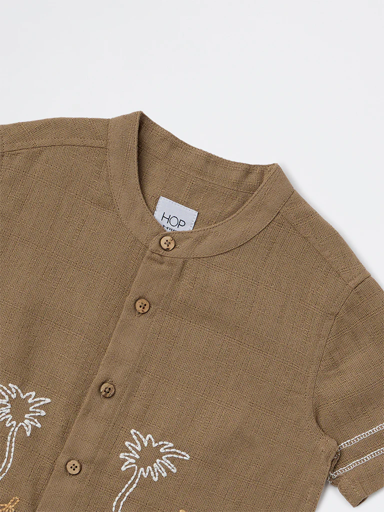 HOP Kids Boys Taupe Floral Embroidered Cotton Shirt - Image 5
