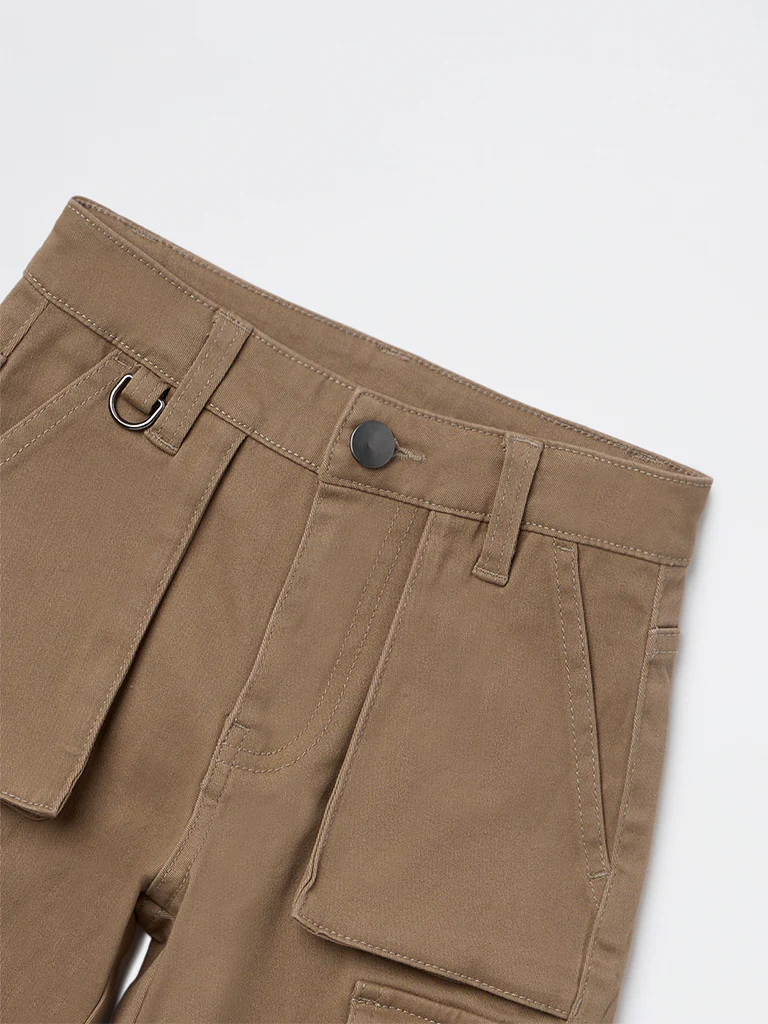 HOP Kids Boys Taupe Mid-Rise Cotton-Blend Cargo Pants - Image 6