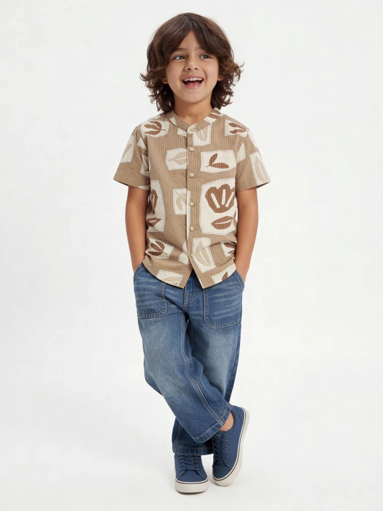HOP Kids Boys Taupe Printed Cotton Shirt