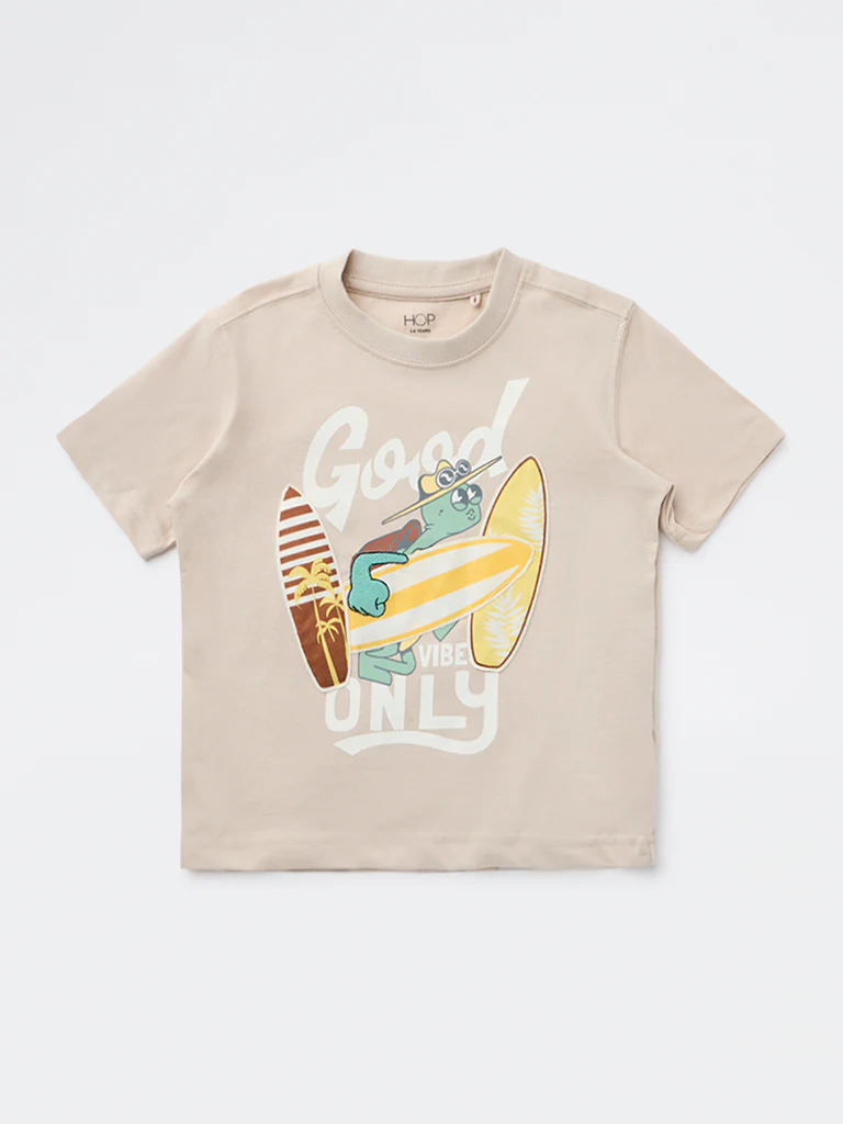 HOP Kids Boys Taupe Printed Cotton T-Shirt - Image 4