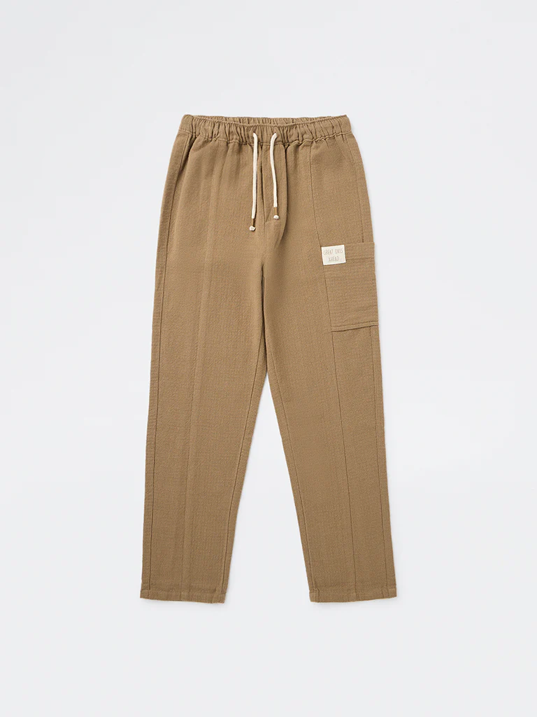 HOP Kids Boys Taupe Textured Mid-Rise Cotton Trousers - Image 3