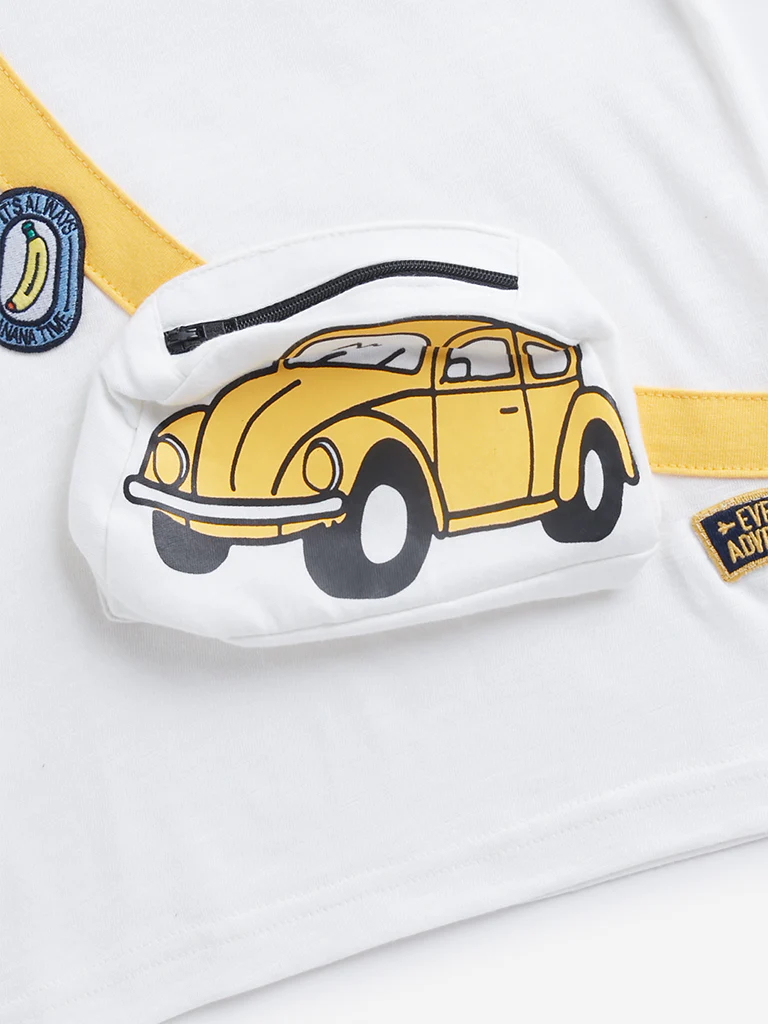 HOP Kids Boys White Car Printed Cotton T-Shirt - Image 4
