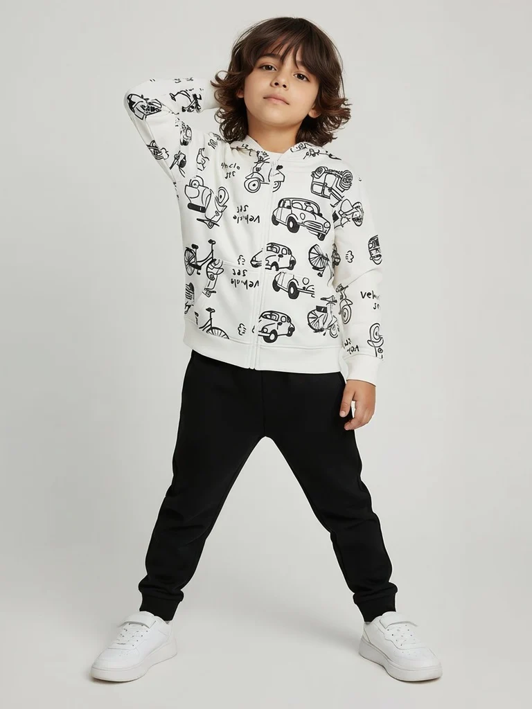 HOP Kids Boys White Printed Cotton-Blend Hooded Jacket