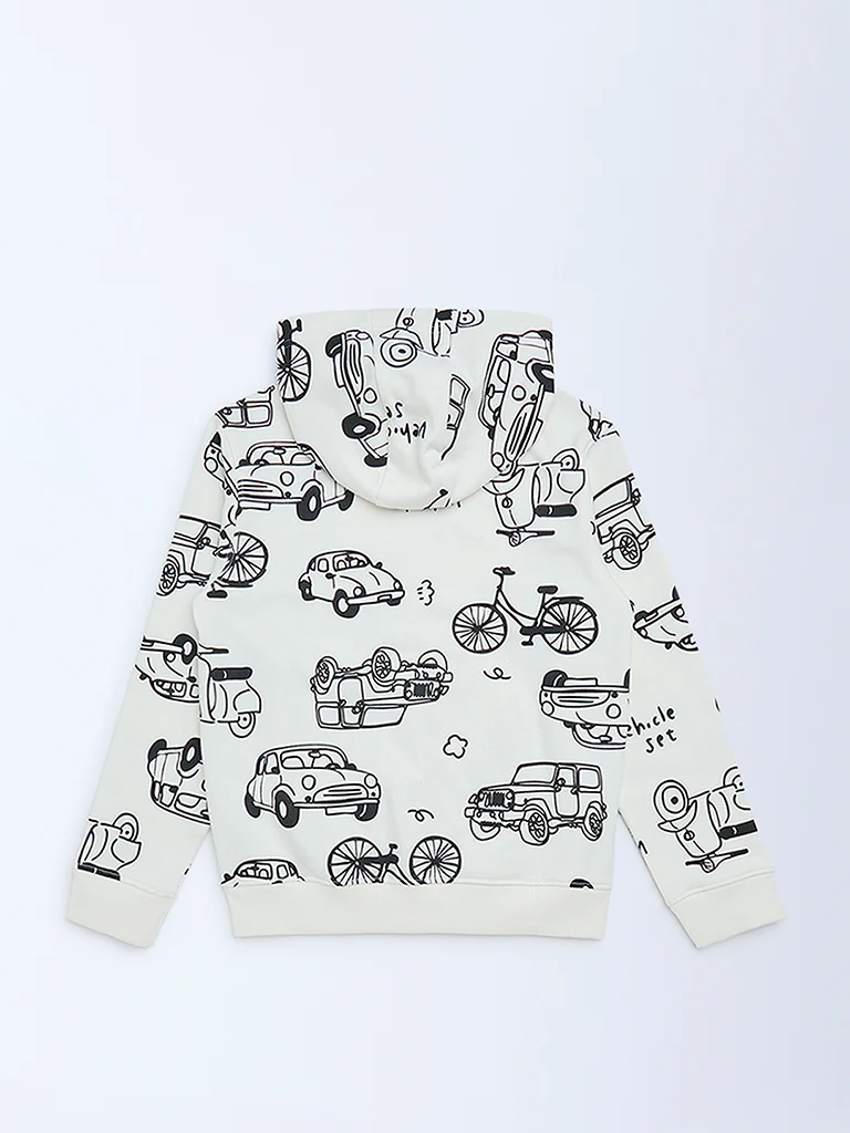 HOP Kids Boys White Printed Cotton-Blend Hooded Jacket - Image 4