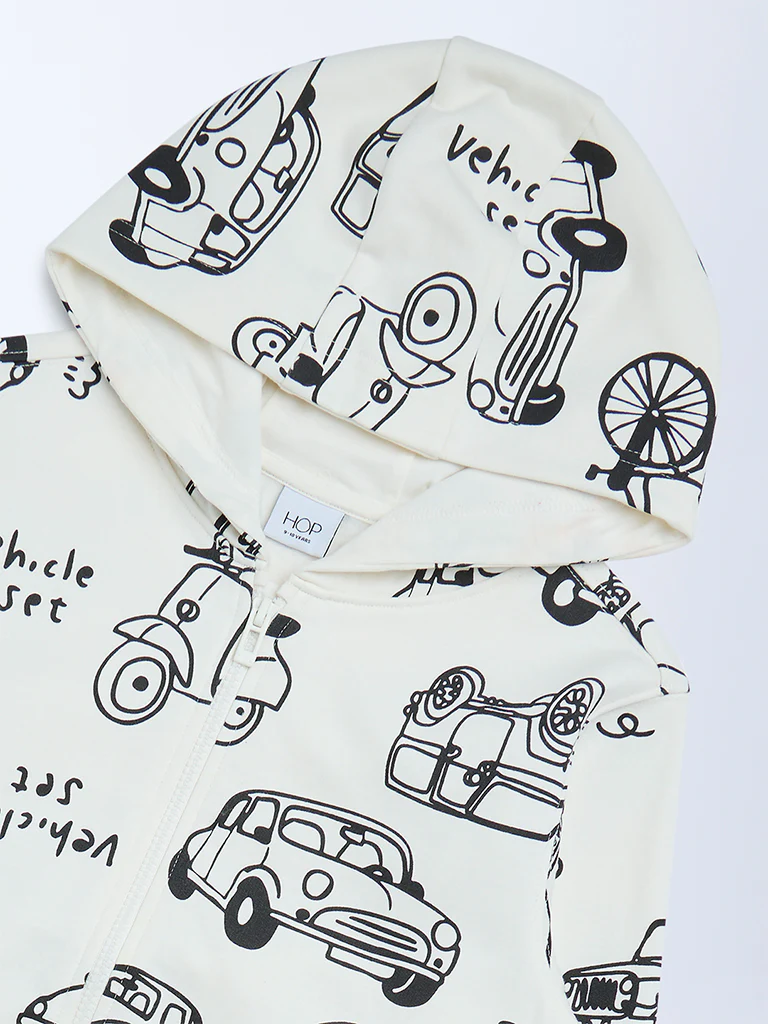 HOP Kids Boys White Printed Cotton-Blend Hooded Jacket - Image 5