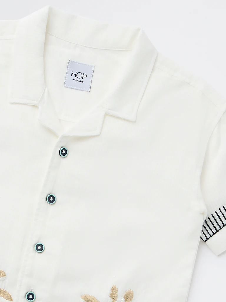 HOP Kids Boys White Tropical Embroidered Cotton Shirt - Image 5