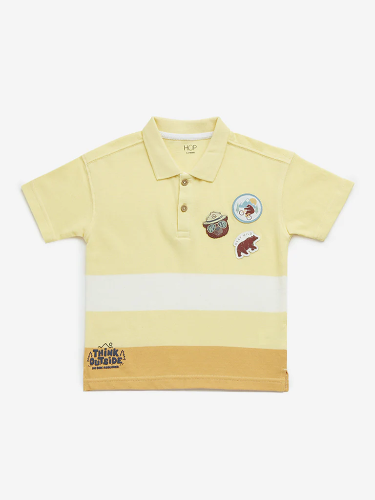 HOP Kids Boys Yellow Colour-Blocked Design Cotton Polo T-Shirt