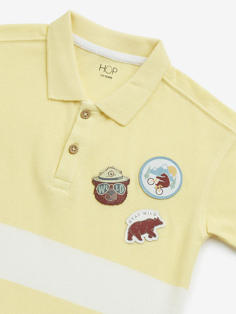 HOP Kids Boys Yellow Colour-Blocked Design Cotton Polo T-Shirt - Image 4