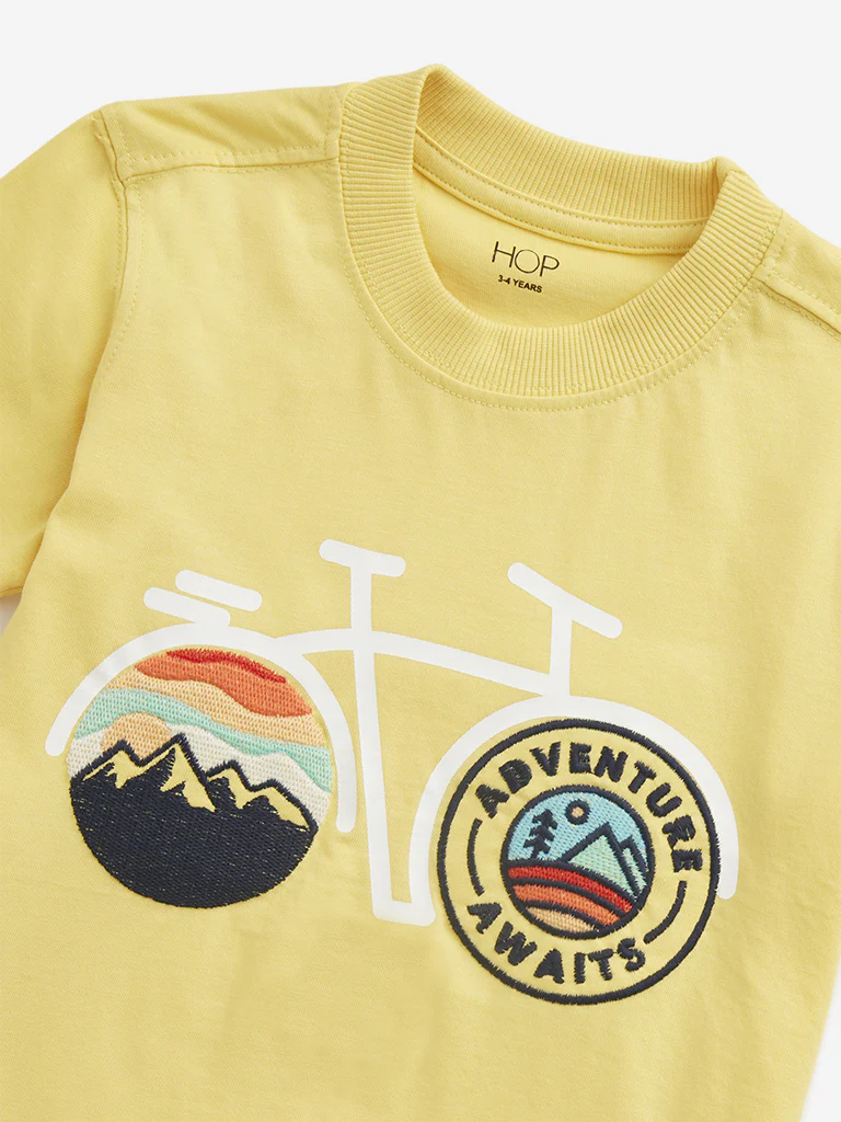 HOP Kids Boys Yellow Cycle Printed Cotton T-Shirt - Image 3
