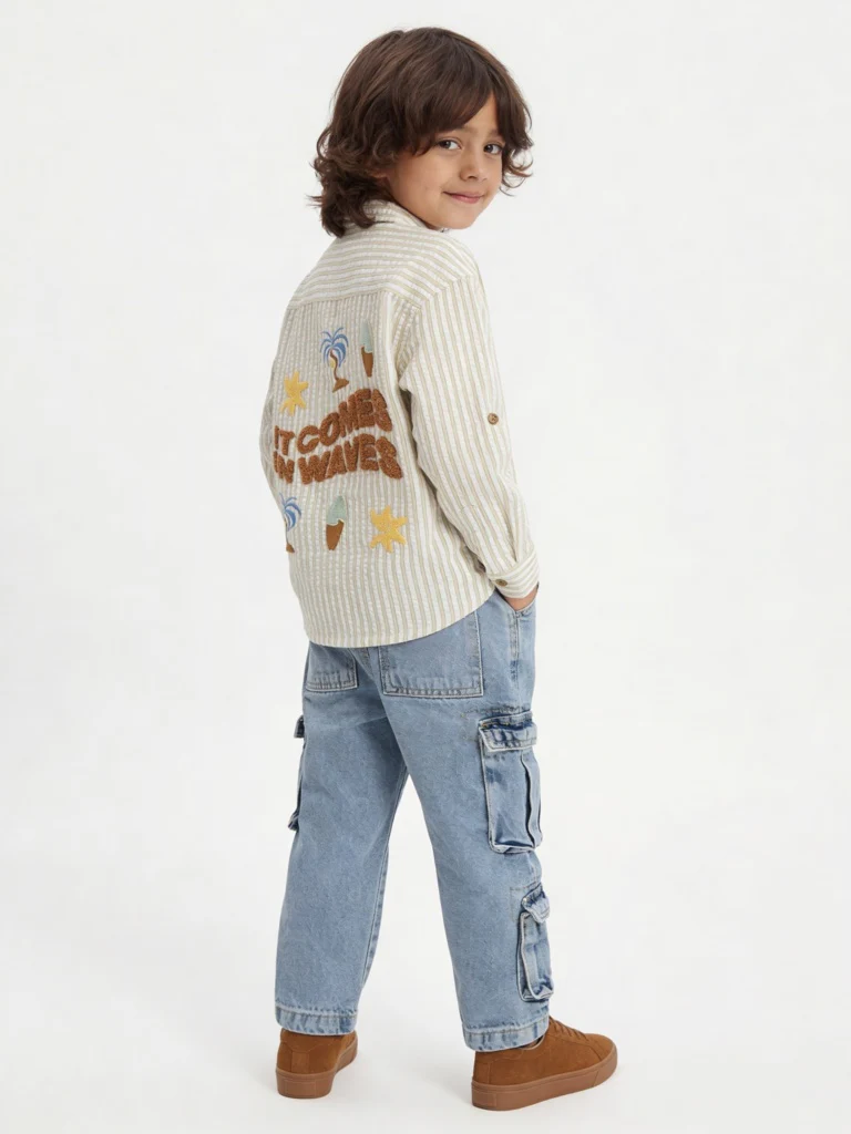 HOP Kids Boys Yellow Seerucker Striped Cotton Shirt - Image 2