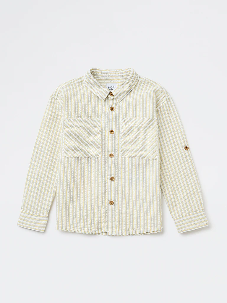 HOP Kids Boys Yellow Seerucker Striped Cotton Shirt - Image 3