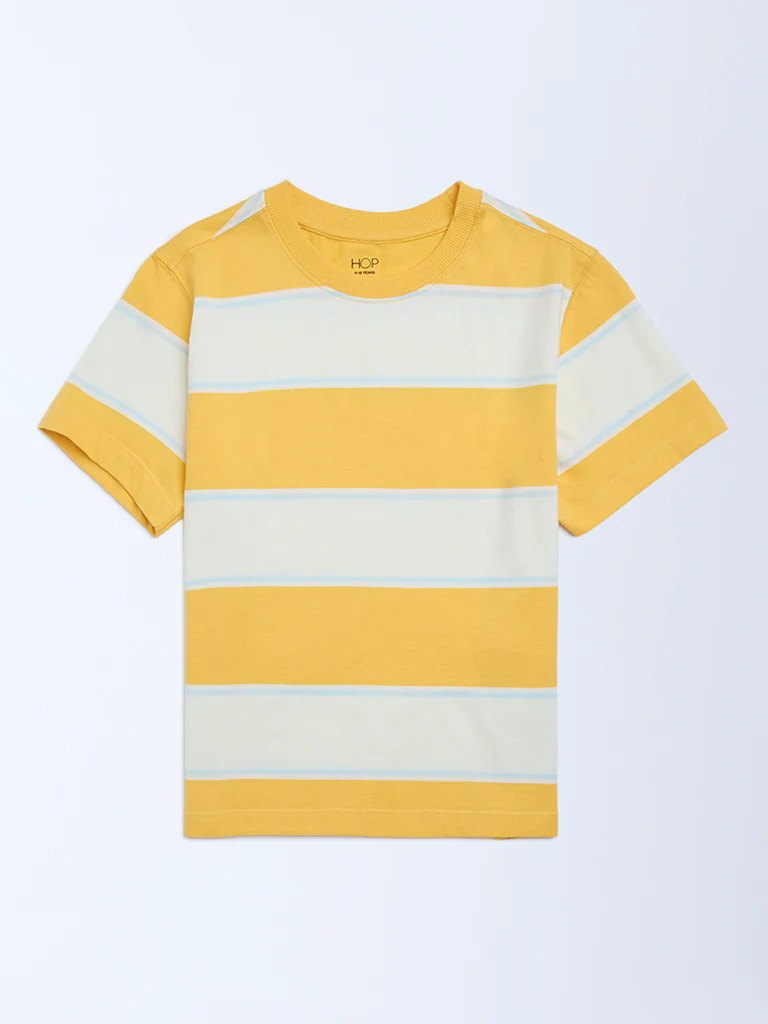 HOP Kids Boys Yellow Striped Cotton T-Shirt - Image 3