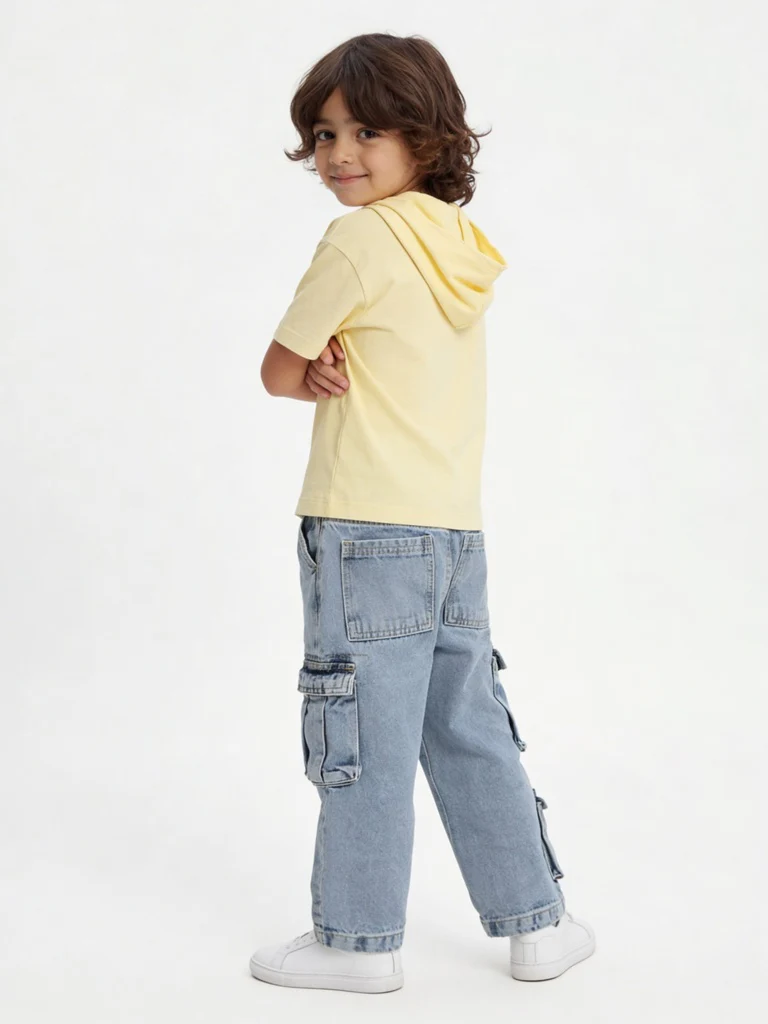 HOP Kids Boys Yellow Text Embossed Hooded Cotton T-Shirt - Image 2