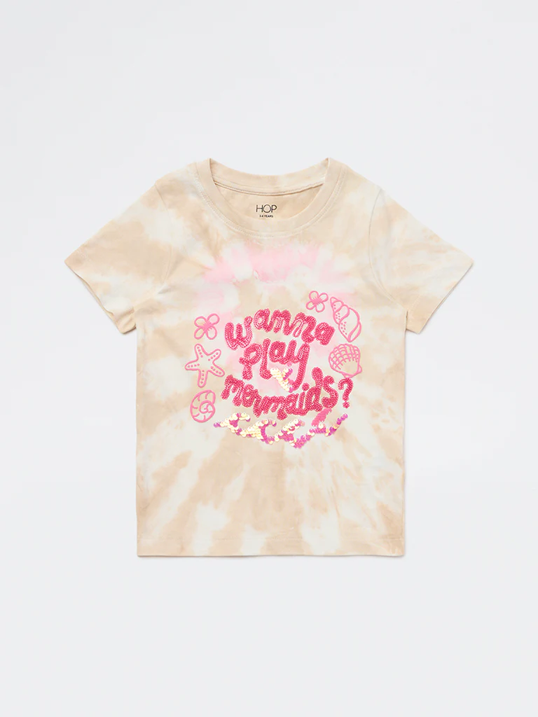 HOP Kids Girls Beige Embellished Cotton T-Shirt - Image 4
