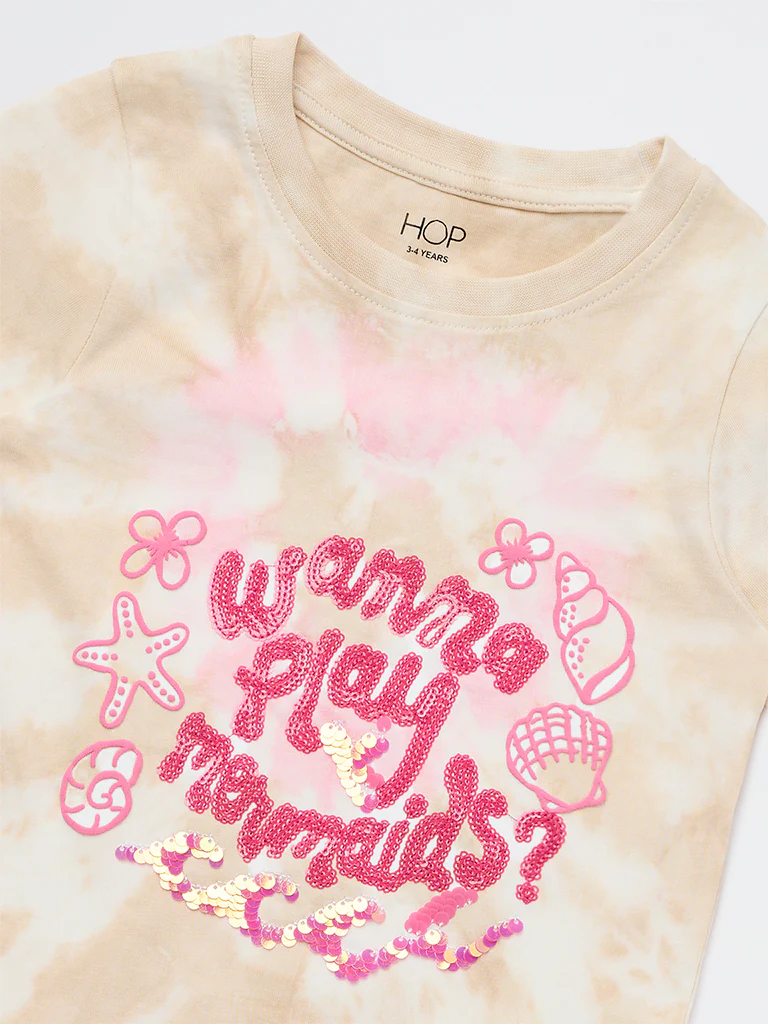 HOP Kids Girls Beige Embellished Cotton T-Shirt - Image 6