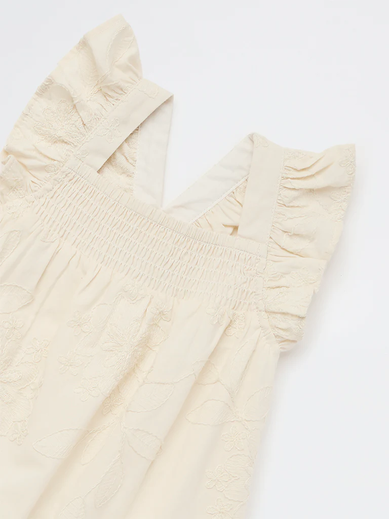 HOP Kids Girls Beige Embroidered A-Line Cotton Dress - Image 5